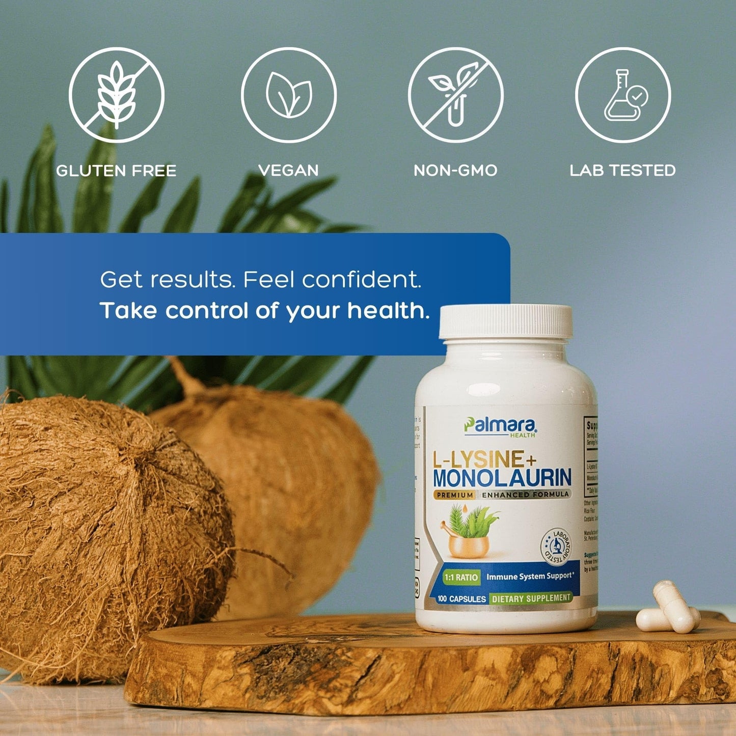 Palmara Health L-Lysine + Monolaurin 600mg 1:1 Ratio – 1 Pack, 100 Capsules | Vegan, Non-GMO, Gluten Free
