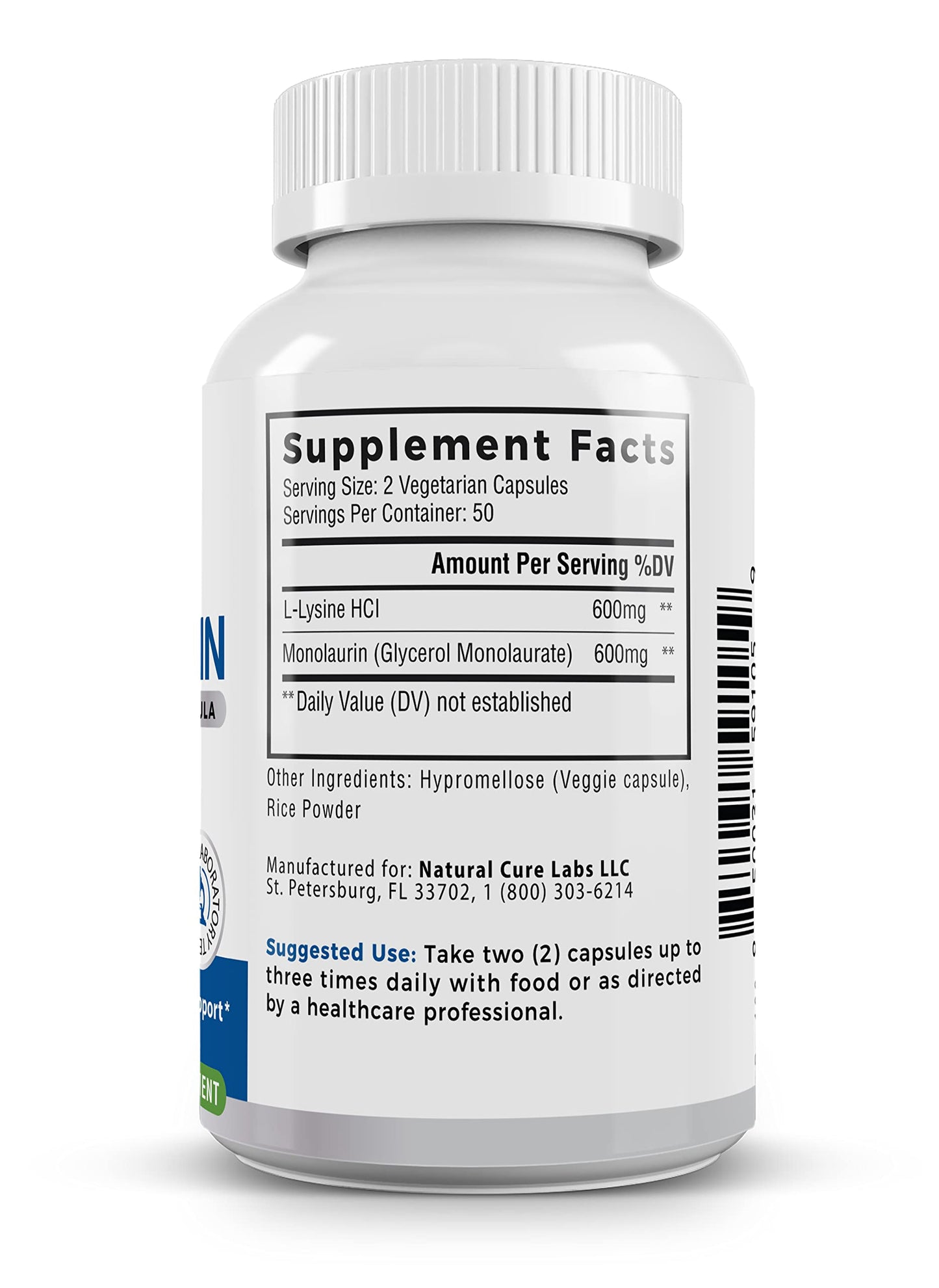 Palmara Health L-Lysine + Monolaurin 600mg 1:1 Ratio – 1 Pack, 100 Capsules | Vegan, Non-GMO, Gluten Free