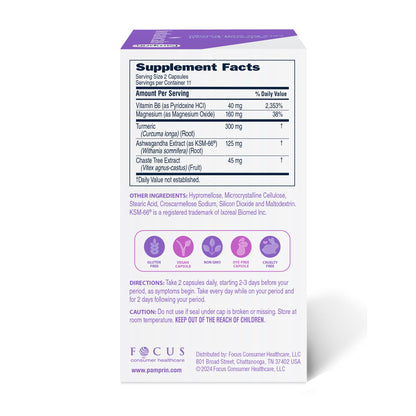 Pamprin Botanicals PMS Support – Ashwagandha, Magnesium, Turmeric, B6, Chasteberry (22 Count)