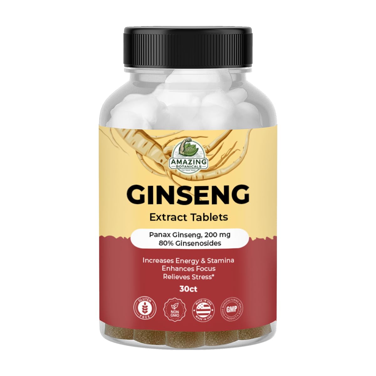 Amazing Botanicals Panax Ginseng Extract Tablets - 200mg, 80% Ginsenosides - Energy & Focus - 30 Tablets