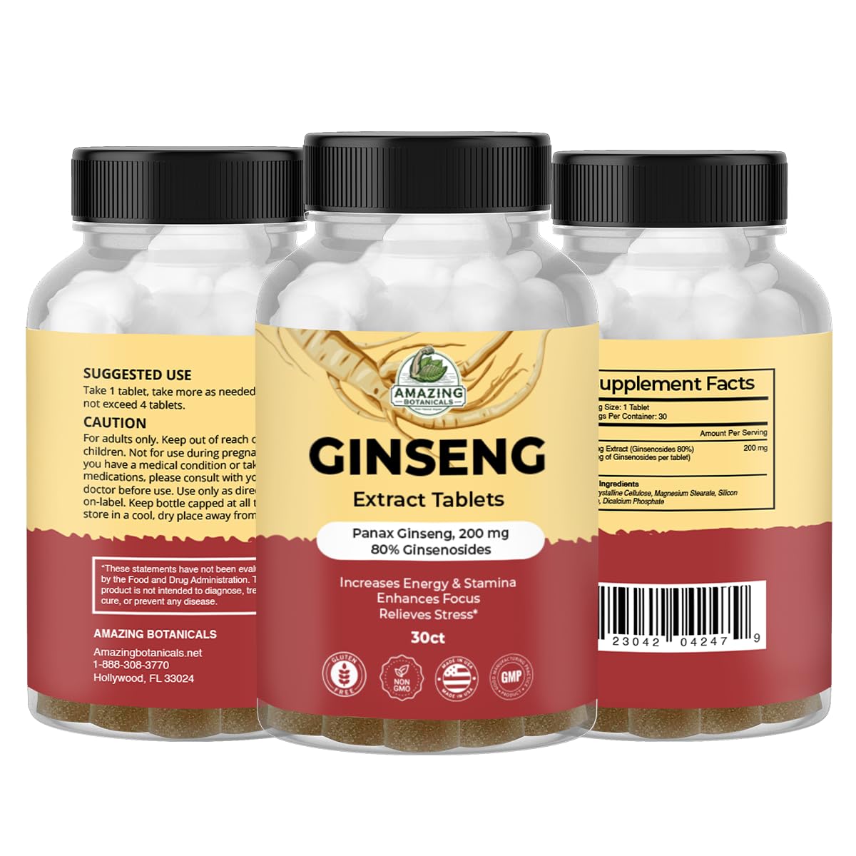 Amazing Botanicals Panax Ginseng Extract Tablets - 200mg, 80% Ginsenosides - Energy & Focus - 30 Tablets