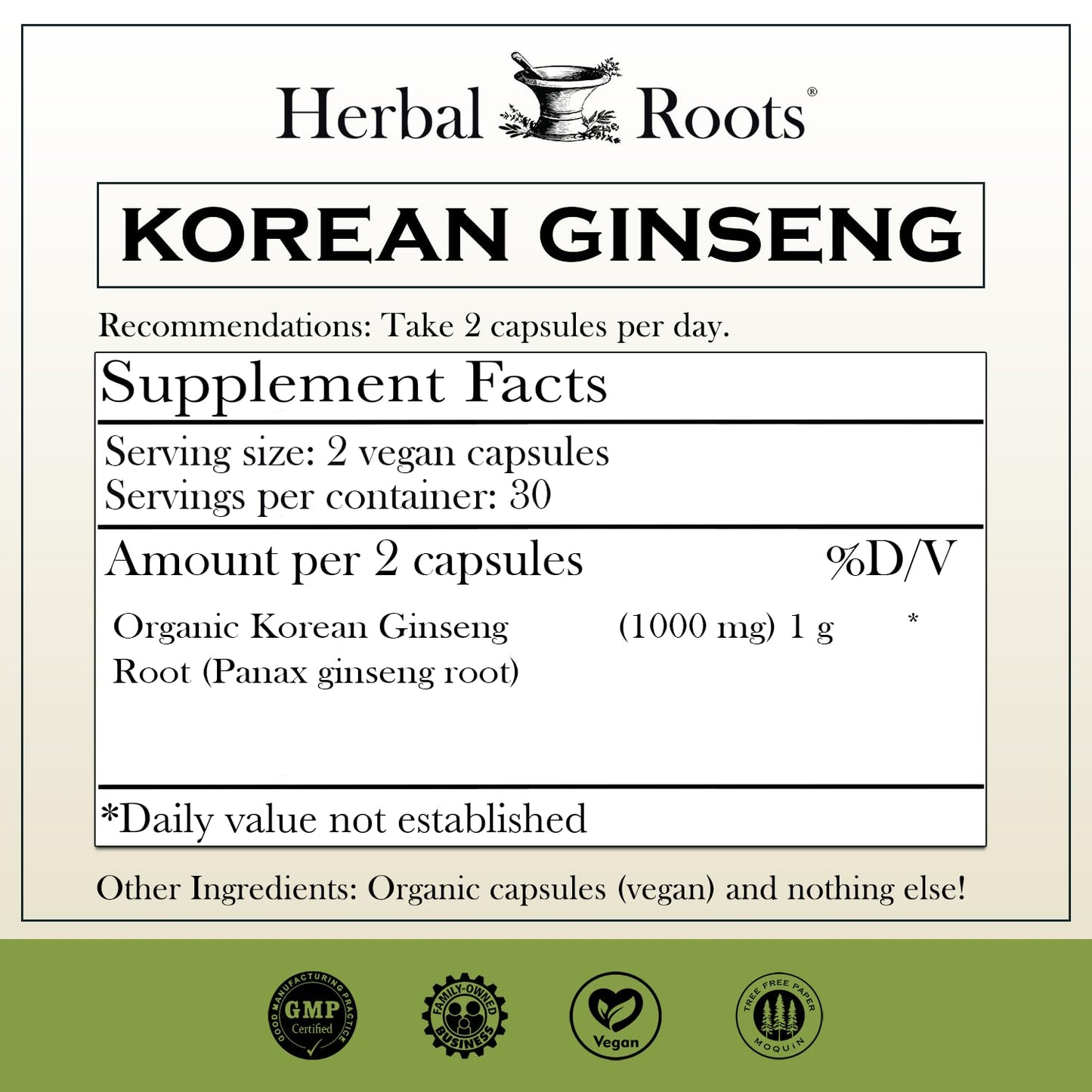 Herbal Roots Panax Ginseng | Organic Korean Ginseng Root Powder 1000mg | High Ginsenosides for Energy & Performance | 60 Vegan Capsules