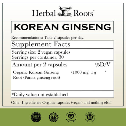 Herbal Roots Panax Ginseng | Organic Korean Ginseng Root Powder 1000mg | High Ginsenosides for Energy & Performance | 60 Vegan Capsules