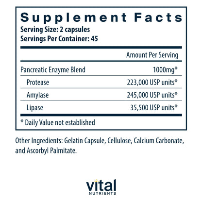 Vital Nutrients Pancreatic Enzymes 1000mg – Full Strength Digestive Enzymes (Protease, Amylase, Lipase) | Gluten, Dairy & Soy Free | 90 Capsules