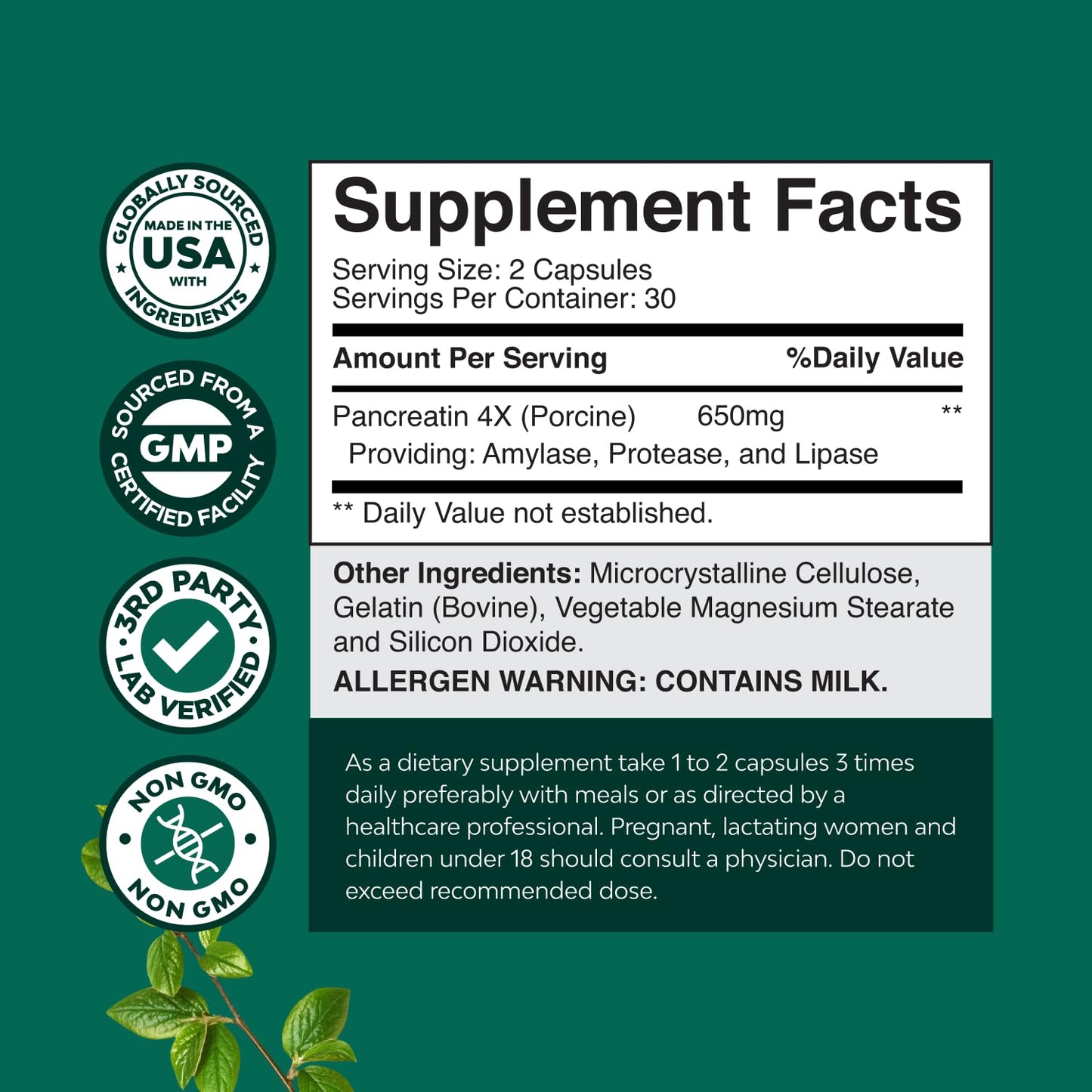 Pancreatin Digestive Enzymes for Gut Health - 60 Count (Protease, Lipase & Amylase)