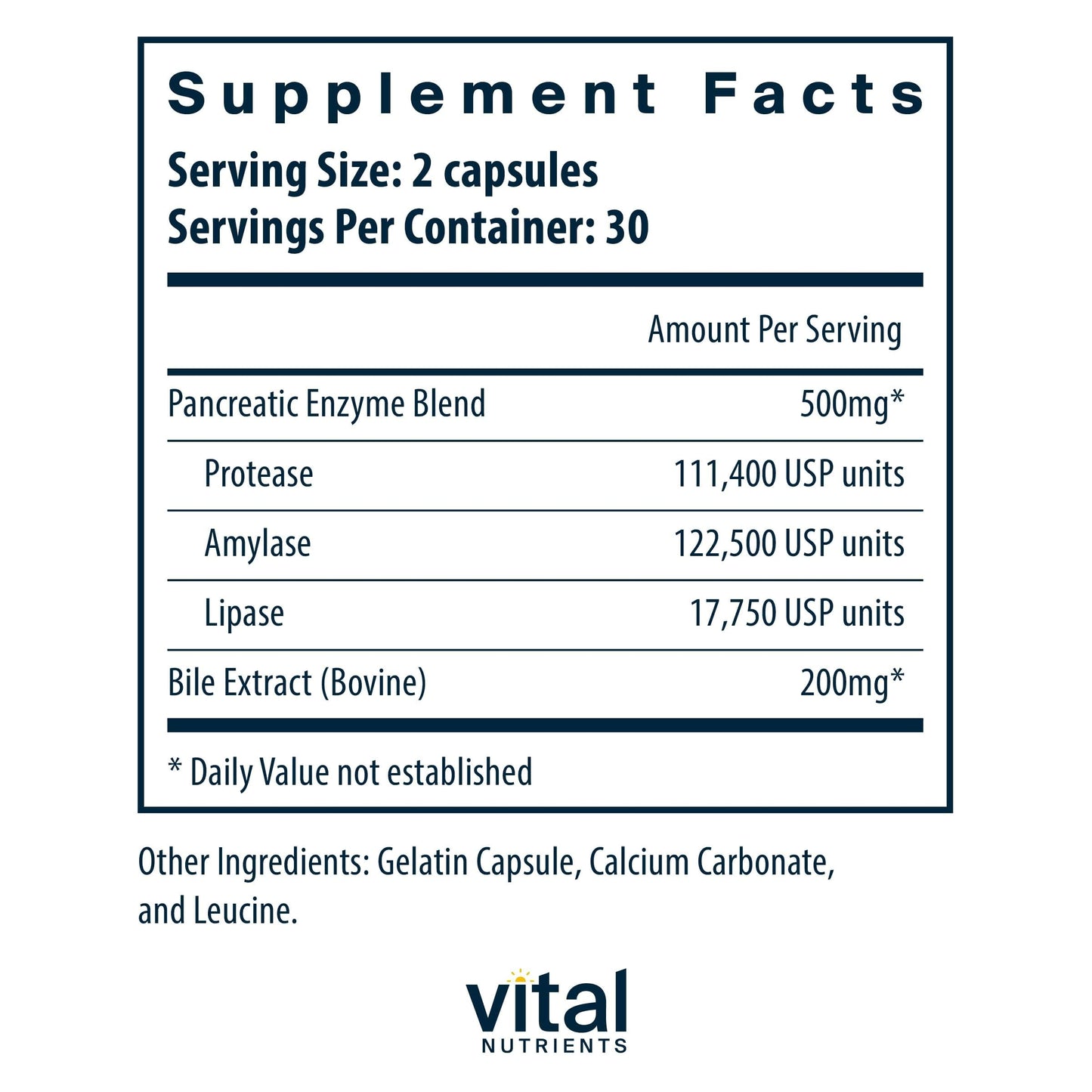 Vital Nutrients Pancreatin & Ox Bile Extract 500mg | Digestive Enzymes 60 Capsules