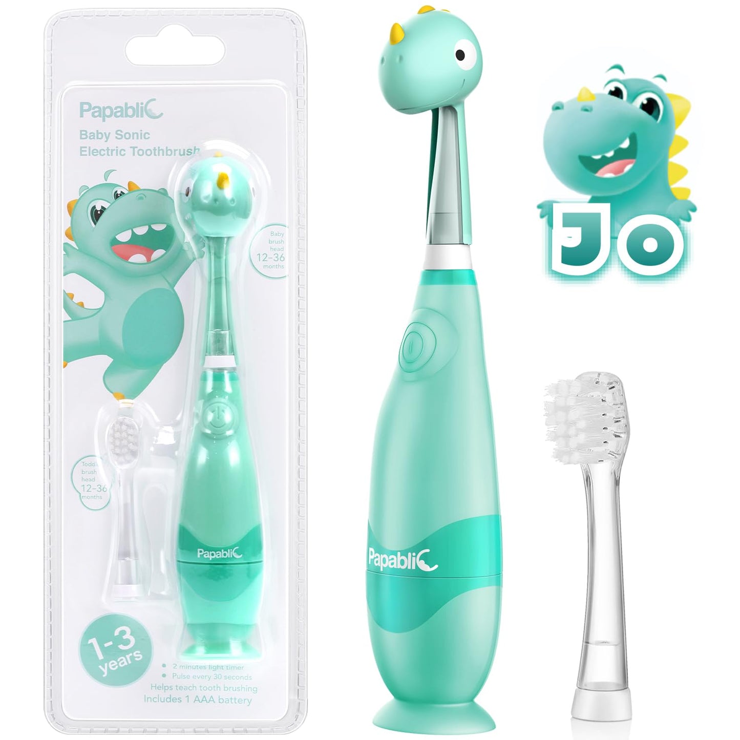 Papablic Jo Toddler Sonic Toothbrush (Ages 1-3) – Dino Cover & LED Timer