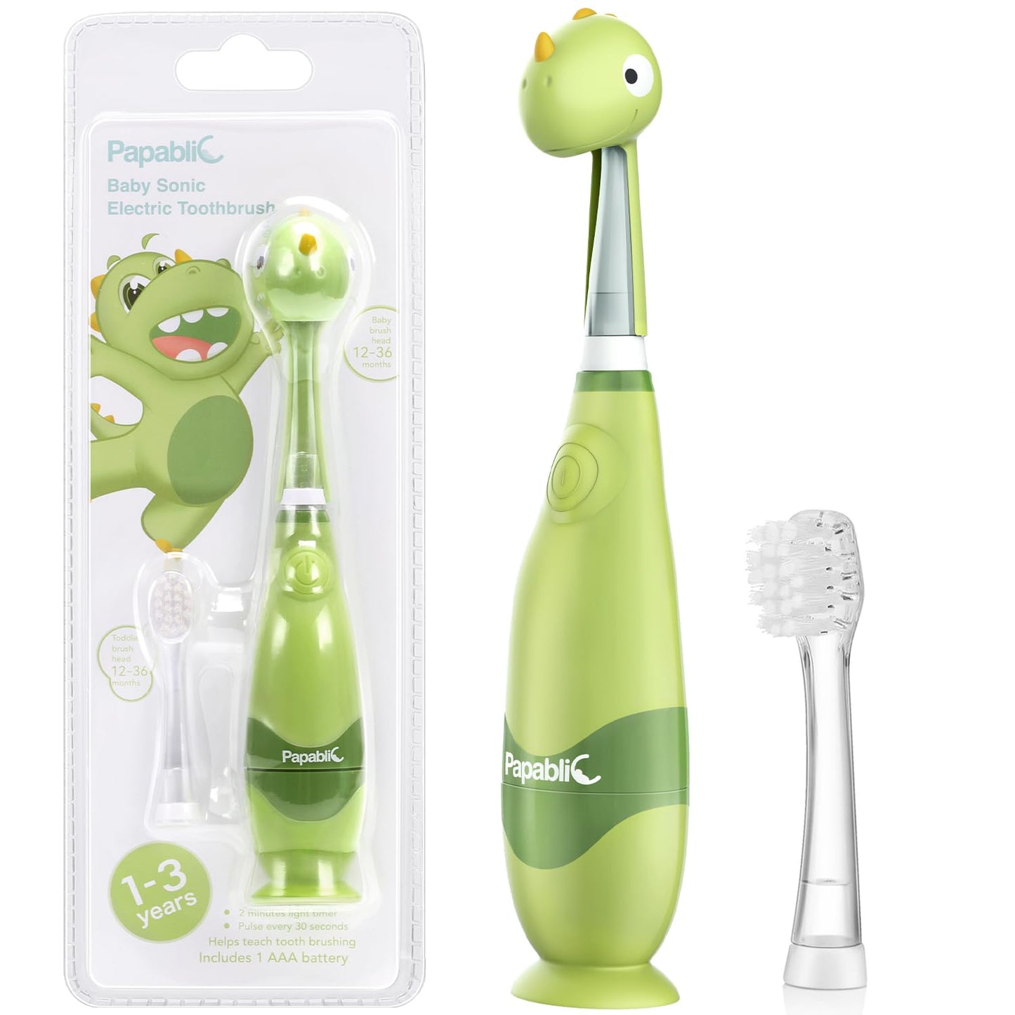 Papablic Toddler Sonic Electric Toothbrush Max for Ages 1-3 | Dino Cover, LED Timer, 2 Brush Heads