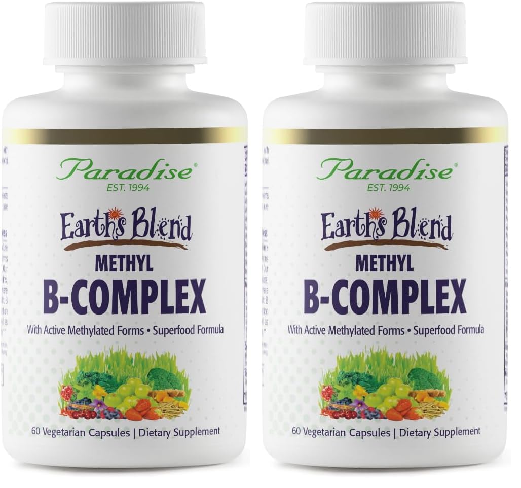Paradise Herbs Earth's Blend B-Complex | Methylated B Vitamins + Superfoods (60 Caps, Pack of 2)