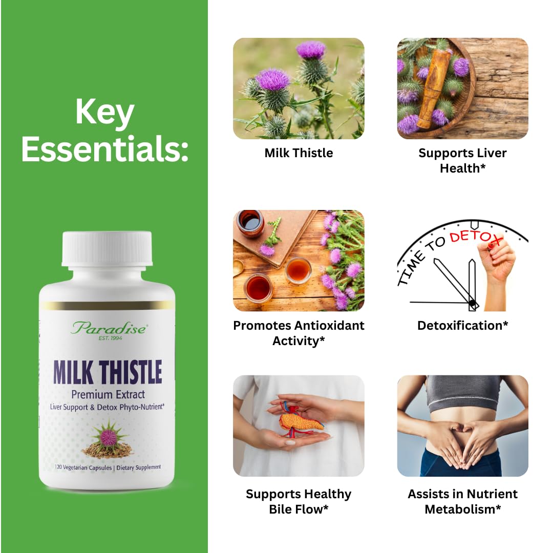 Paradise Herbs Milk Thistle – Active Whole Spectrum Extract, 120 Vegan Capsules