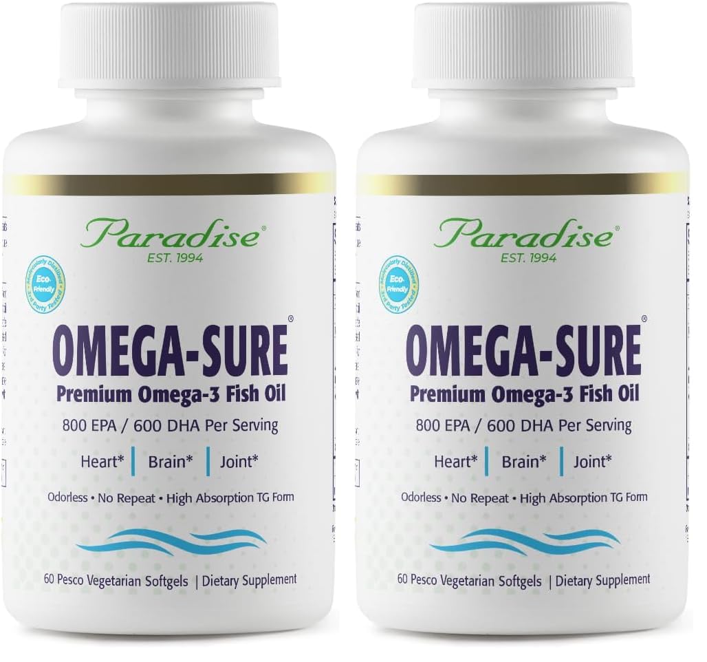 Paradise Herbs Omega-Sure Omega-3 Concentrate | Vegan Fish Oil, DHA & EPA, Gluten Free, 60 Softgels (Pack of 2)