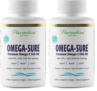 Paradise Herbs Omega-Sure Omega-3 Concentrate | Vegan Fish Oil, DHA & EPA, Gluten Free, 60 Softgels (Pack of 2)