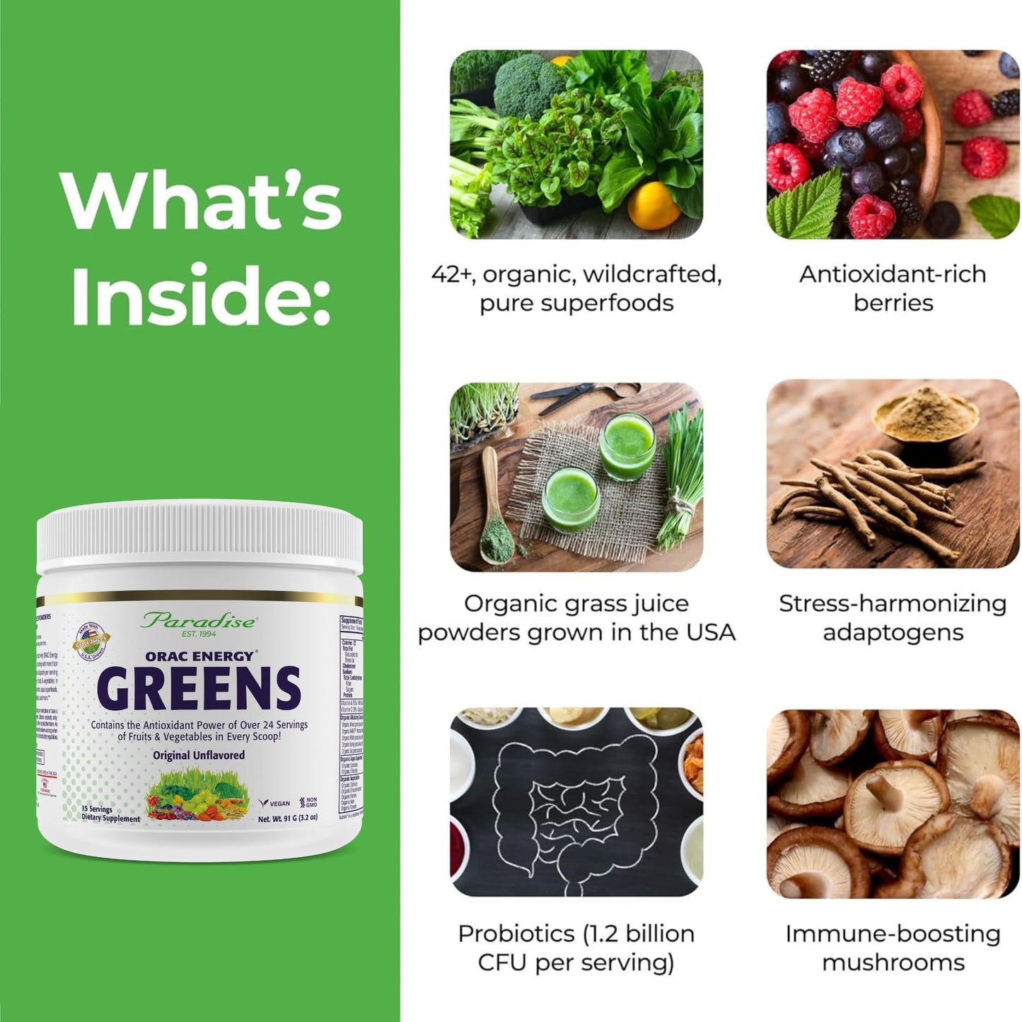 Paradise Herbs ORAC Energy Greens Powder | Antioxidant Power of 24 Fruits & Veggies per Scoop | 15 Servings