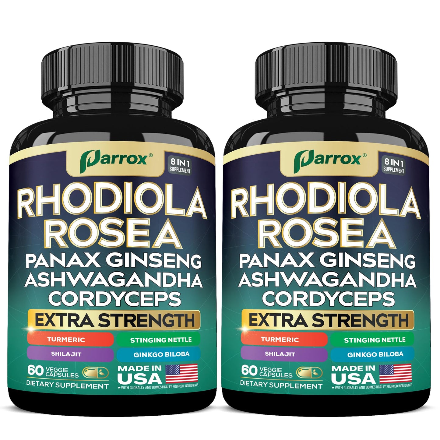 Parrox Rhodiola Rosea 8-in-1 Adaptogen Blend – 2 Pack | Panax Ginseng, Ashwagandha, Cordyceps, Turmeric