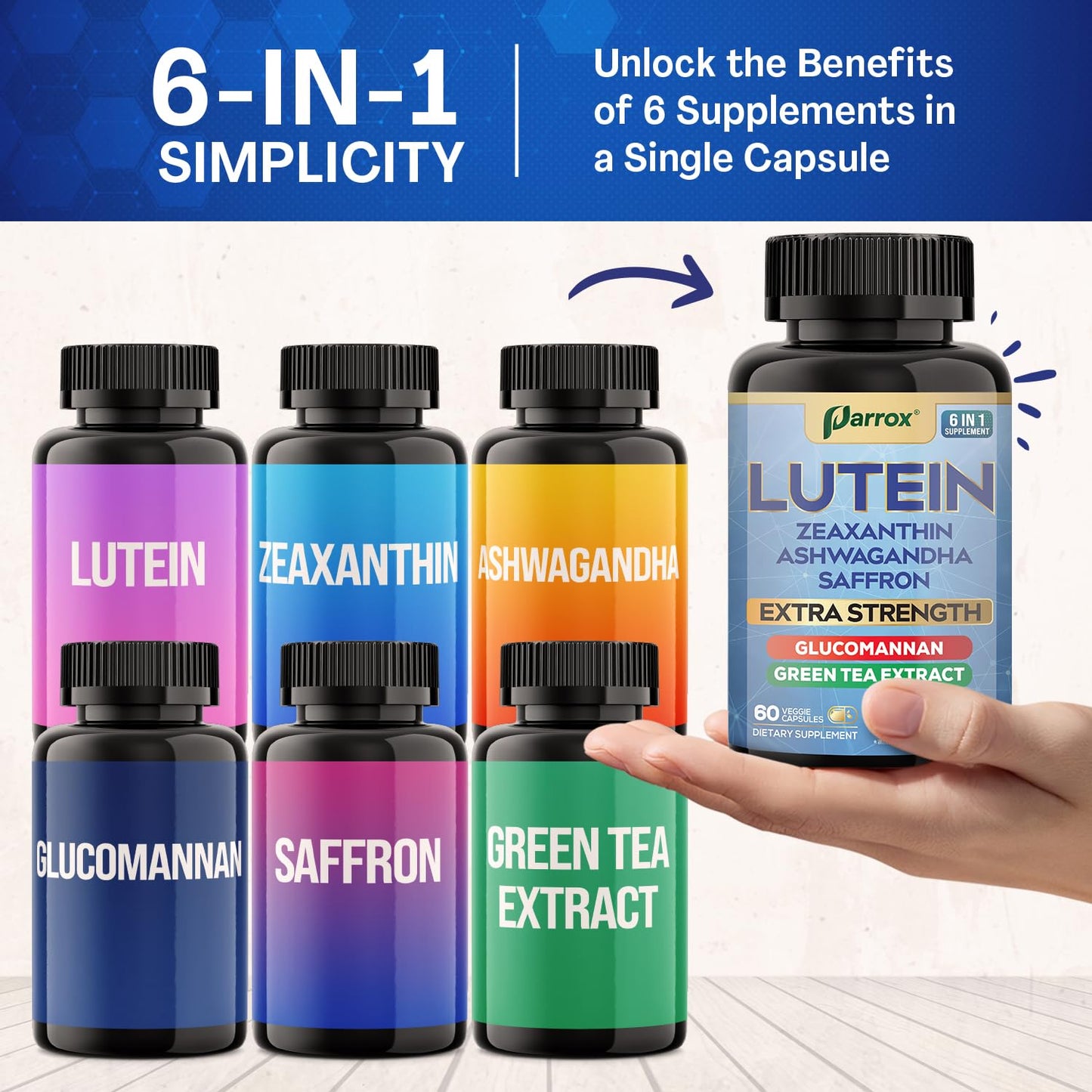 Parrox 6-in-1 Lutein & Zeaxanthin Eye Health Supplement – 2 Pack (60-Day) – Plant-Based Formula