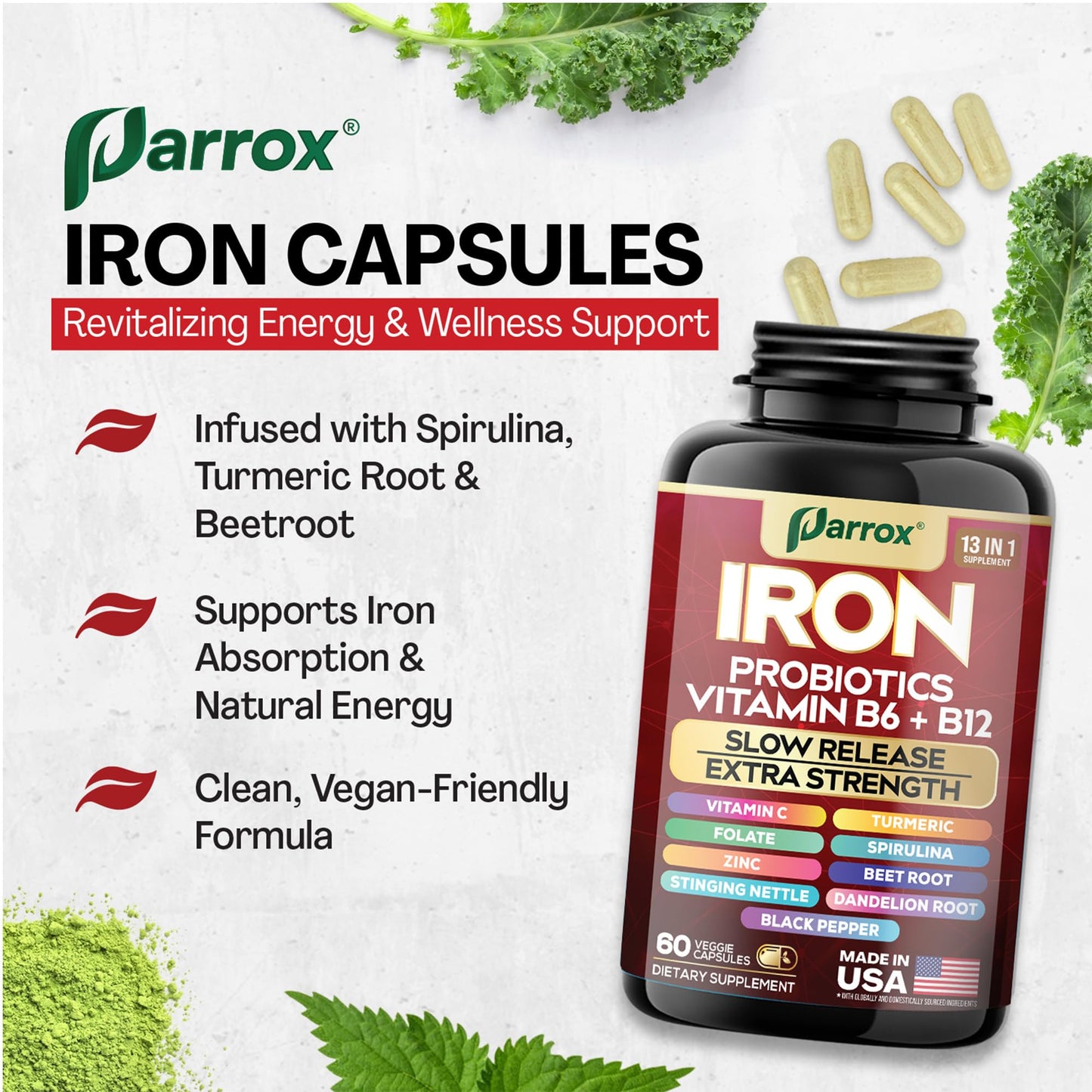 Parrox Elemental-Iron: Slow-Release Iron with Probiotics, Beetroot, Turmeric & B Vitamins – 2 Pack, 60 Capsules Each