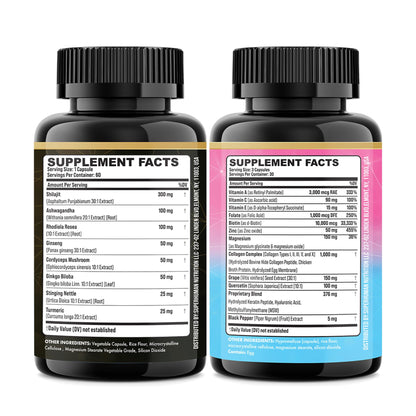 Parrox Adaptogen & Beauty Bundle – Rhodiola, Panax Ginseng, Ashwagandha, Cordyceps, Turmeric, Collagen, Biotin, Keratin, MSM, Hyaluronic Acid, Zinc, Quercetin, Vitamin C, A & E, Folate, Magnesium