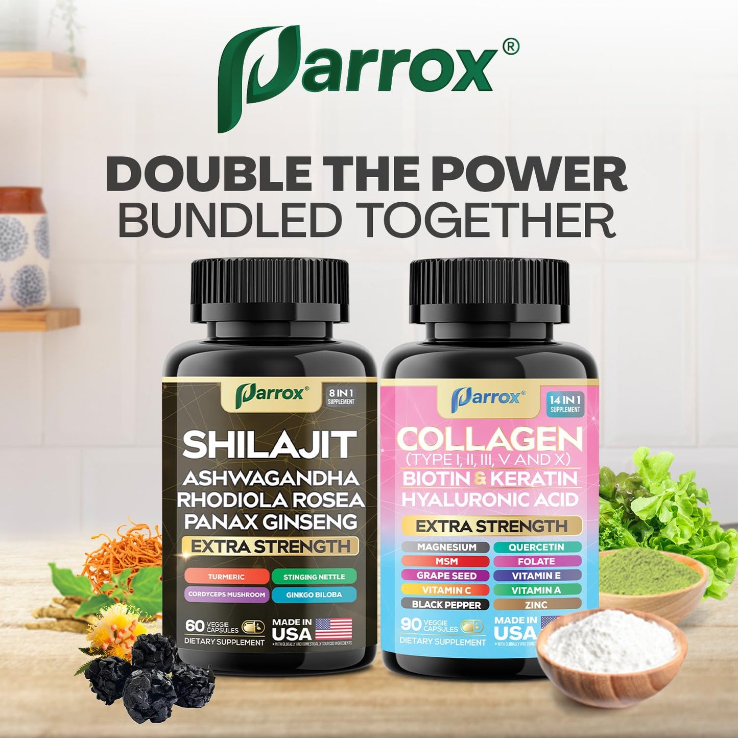 Parrox Adaptogen & Beauty Bundle – Rhodiola, Panax Ginseng, Ashwagandha, Cordyceps, Turmeric, Collagen, Biotin, Keratin, MSM, Hyaluronic Acid, Zinc, Quercetin, Vitamin C, A & E, Folate, Magnesium
