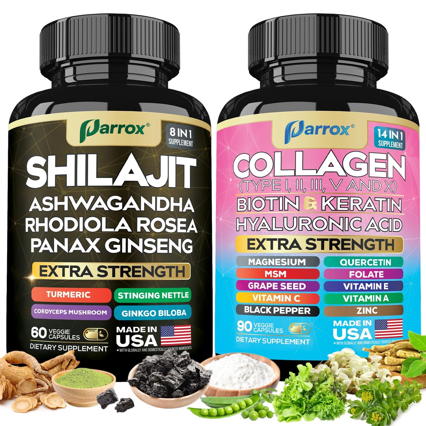 Parrox Adaptogen & Beauty Bundle – Rhodiola, Panax Ginseng, Ashwagandha, Cordyceps, Turmeric, Collagen, Biotin, Keratin, MSM, Hyaluronic Acid, Zinc, Quercetin, Vitamin C, A & E, Folate, Magnesium