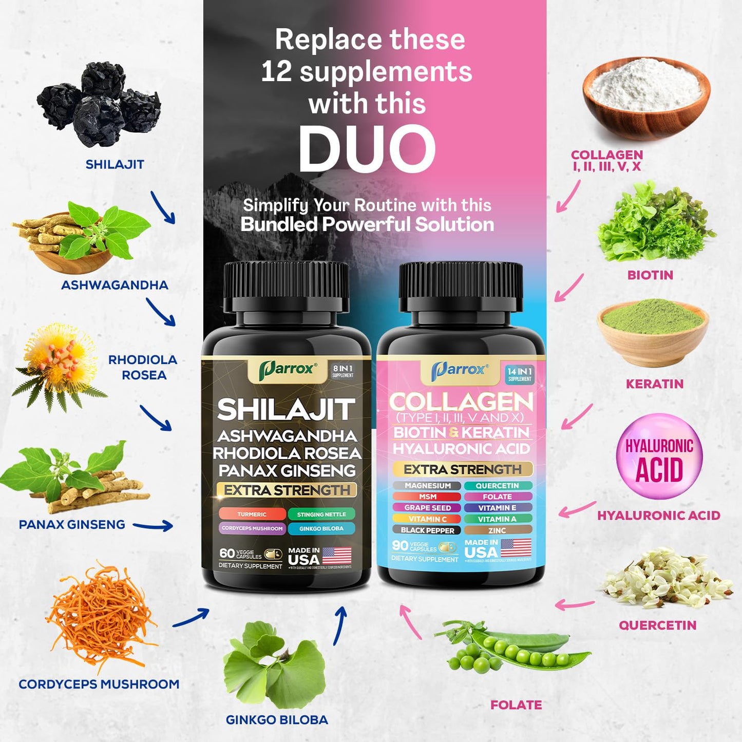 Parrox Adaptogen & Beauty Bundle – Rhodiola, Panax Ginseng, Ashwagandha, Cordyceps, Turmeric, Collagen, Biotin, Keratin, MSM, Hyaluronic Acid, Zinc, Quercetin, Vitamin C, A & E, Folate, Magnesium
