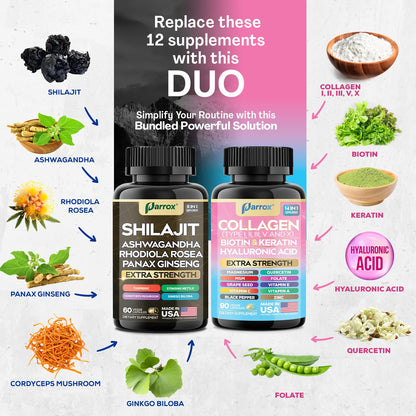 Parrox Adaptogen & Beauty Bundle – Rhodiola, Panax Ginseng, Ashwagandha, Cordyceps, Turmeric, Collagen, Biotin, Keratin, MSM, Hyaluronic Acid, Zinc, Quercetin, Vitamin C, A & E, Folate, Magnesium