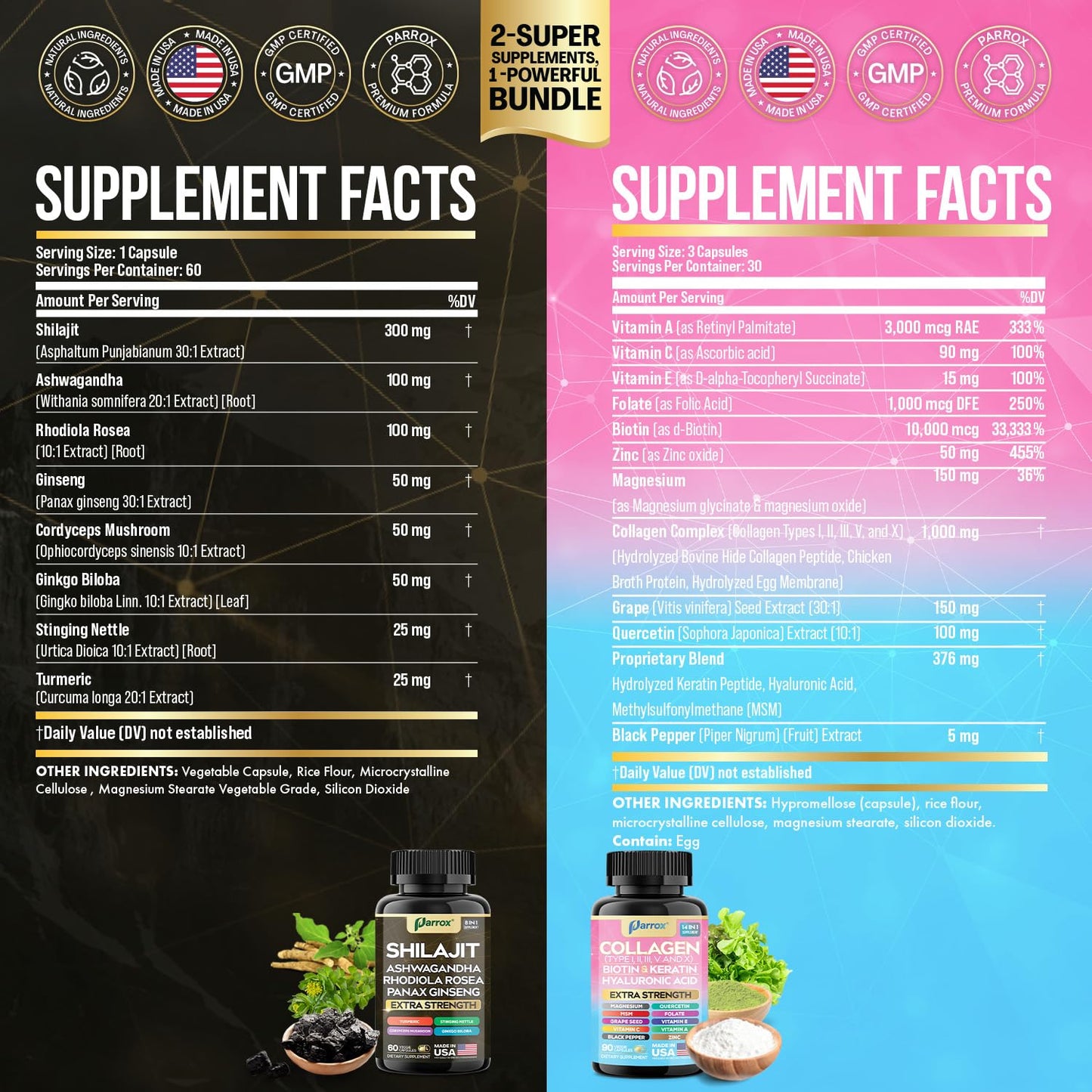 Parrox Adaptogen & Beauty Bundle – Rhodiola, Panax Ginseng, Ashwagandha, Cordyceps, Turmeric, Collagen, Biotin, Keratin, MSM, Hyaluronic Acid, Zinc, Quercetin, Vitamin C, A & E, Folate, Magnesium