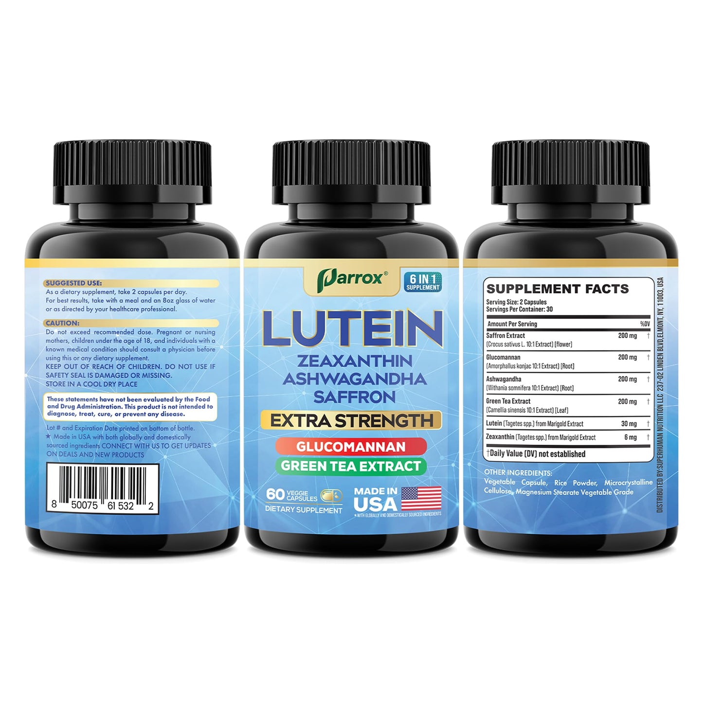 Parrox 6-in-1 Lutein & Zeaxanthin Eye Health Supplement – 2 Pack (60-Day) – Plant-Based Formula