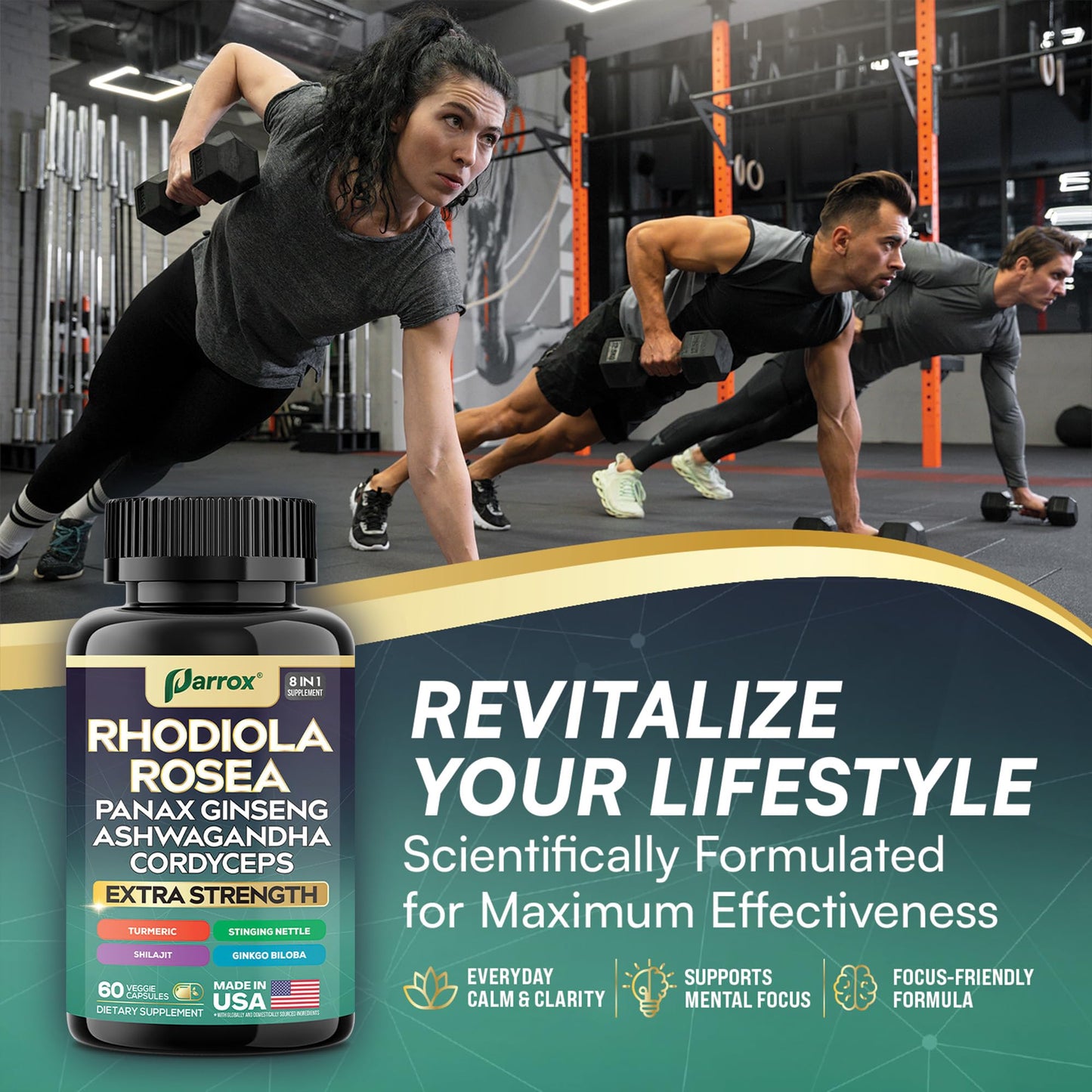 Parrox 8-in-1 Adaptogen Blend Capsules – Rhodiola Rosea, Ginseng, Ashwagandha, Turmeric – 60 Capsules