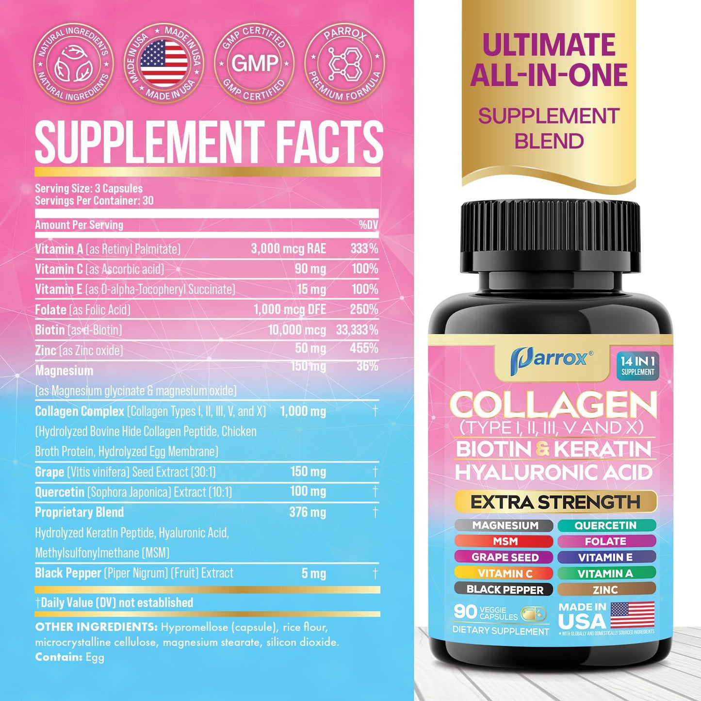 Parrox Collagen Capsules 14-in-1: Types I–X, Biotin, Keratin & Hyaluronic Acid (90 Capsules)