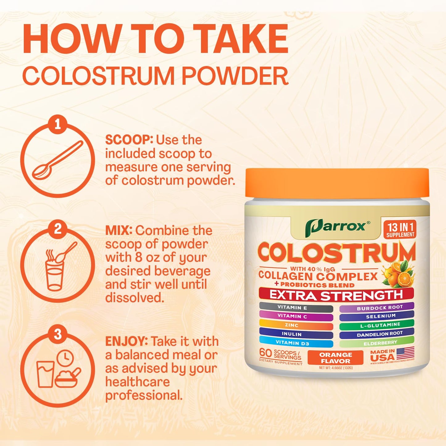 Parrox Colostrum Powder – Orange Flavor, 60 Servings, 40% IgG, Probiotics & Collagen