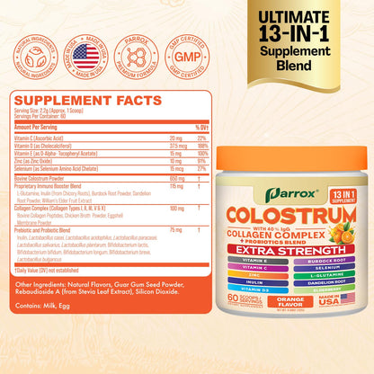 Parrox Colostrum Powder – Orange Flavor, 60 Servings, 40% IgG, Probiotics & Collagen