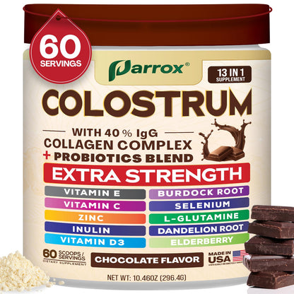 Parrox Colostrum Powder 40% IgG – 60 Servings (Chocolate) | Probiotics, Collagen & Vitamins