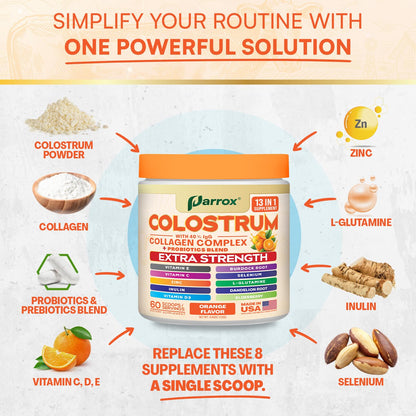 Parrox Colostrum Powder – Orange Flavor, 60 Servings, 40% IgG, Probiotics & Collagen