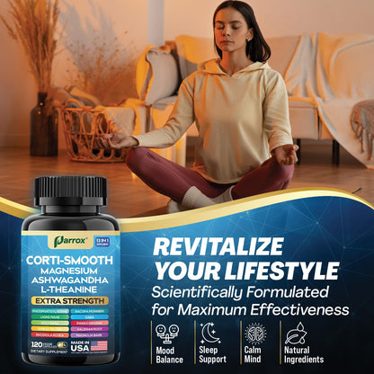 Parrox Corti-Smooth Cortisol Support Capsule – Magnesium, L-Theanine & Adaptogens (120 Caps)