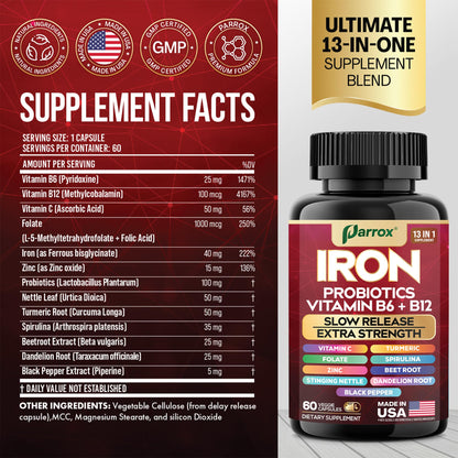 Parrox Elemental-Iron: Slow-Release Iron with Probiotics, Beetroot, Turmeric & B Vitamins – 2 Pack, 60 Capsules Each