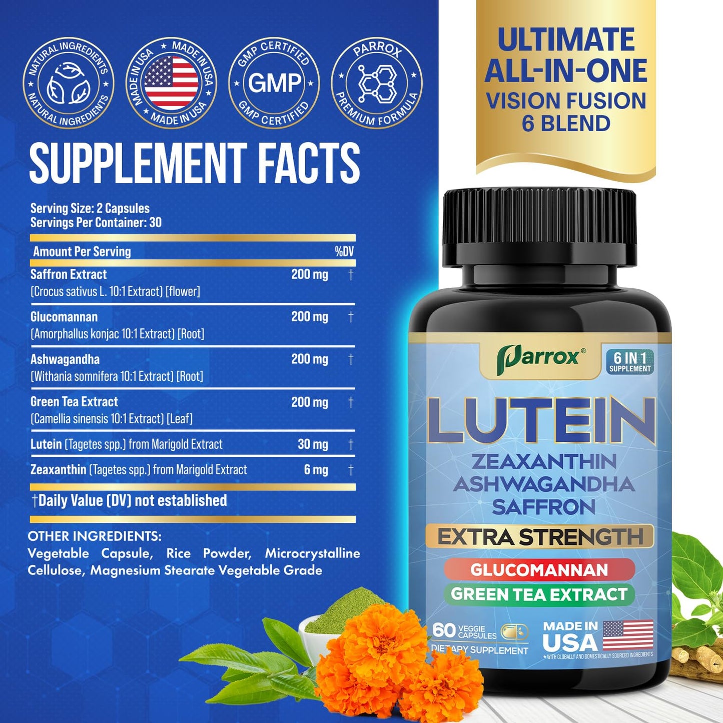 Parrox Lutein & Zeaxanthin Eye Health Supplement – 60 Capsules | Plant-Based Vision Support