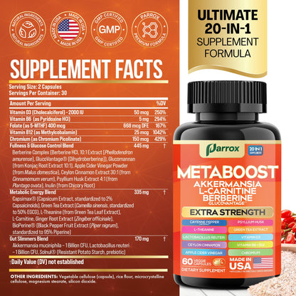 Parrox GLP-1 Booster – 20-in-1 Plant-Based Formula (60 Caps) with Akkermansia & Probiotics