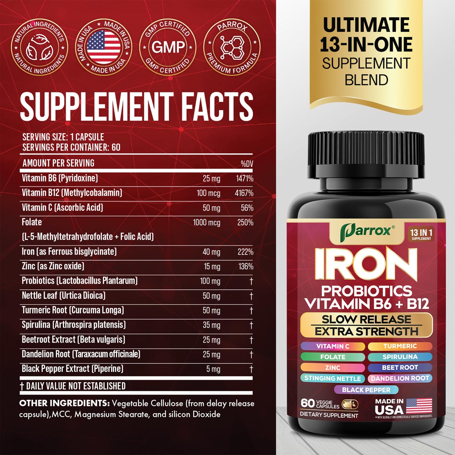 Parrox Iron Supplement – Slow-Release Iron & Probiotics, 60 Vegan Capsules