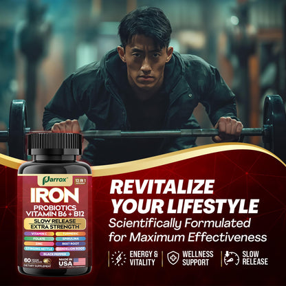 Parrox Iron Supplement – Slow-Release Iron & Probiotics, 60 Vegan Capsules