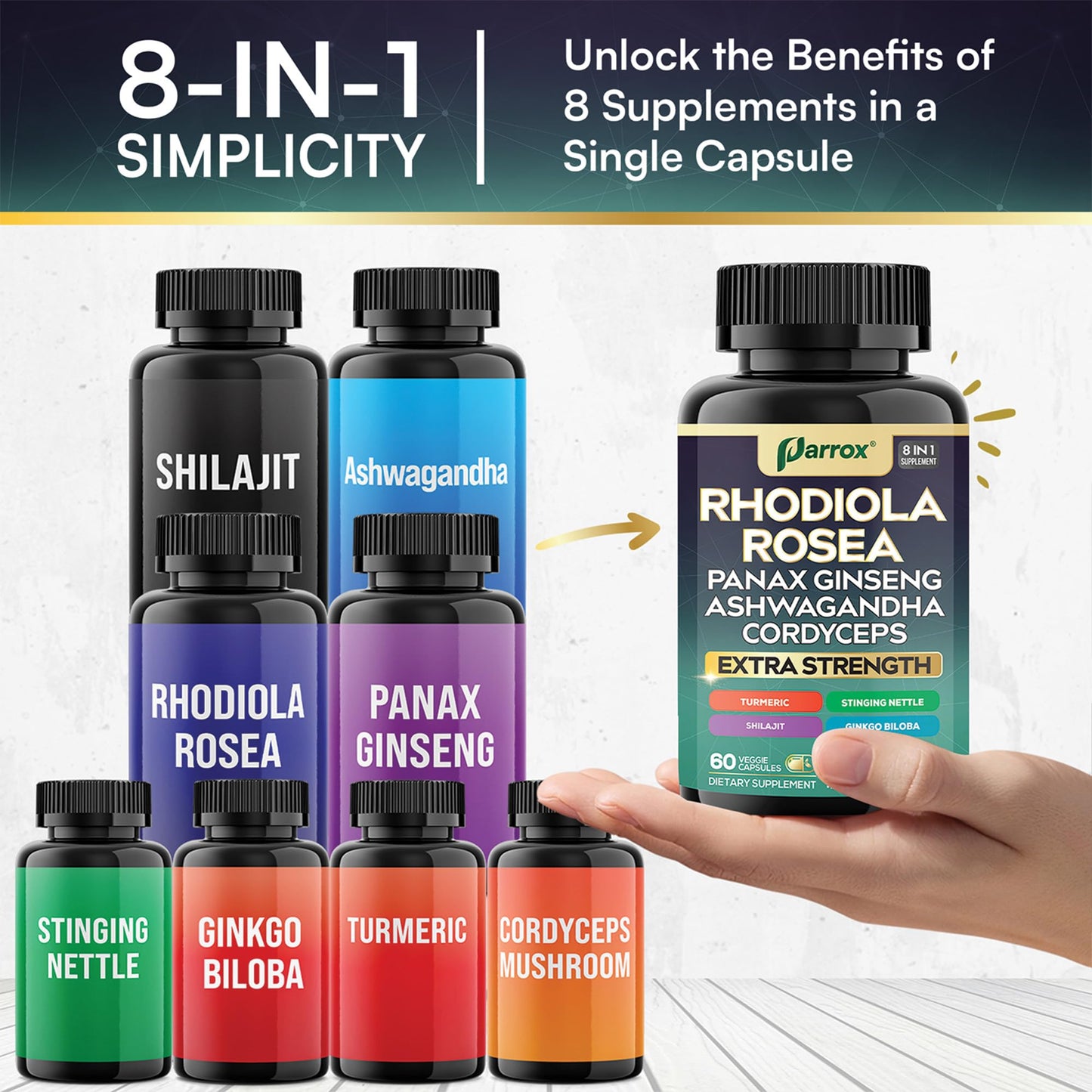 Parrox 8-in-1 Adaptogen Blend Capsules – Rhodiola Rosea, Ginseng, Ashwagandha, Turmeric – 60 Capsules
