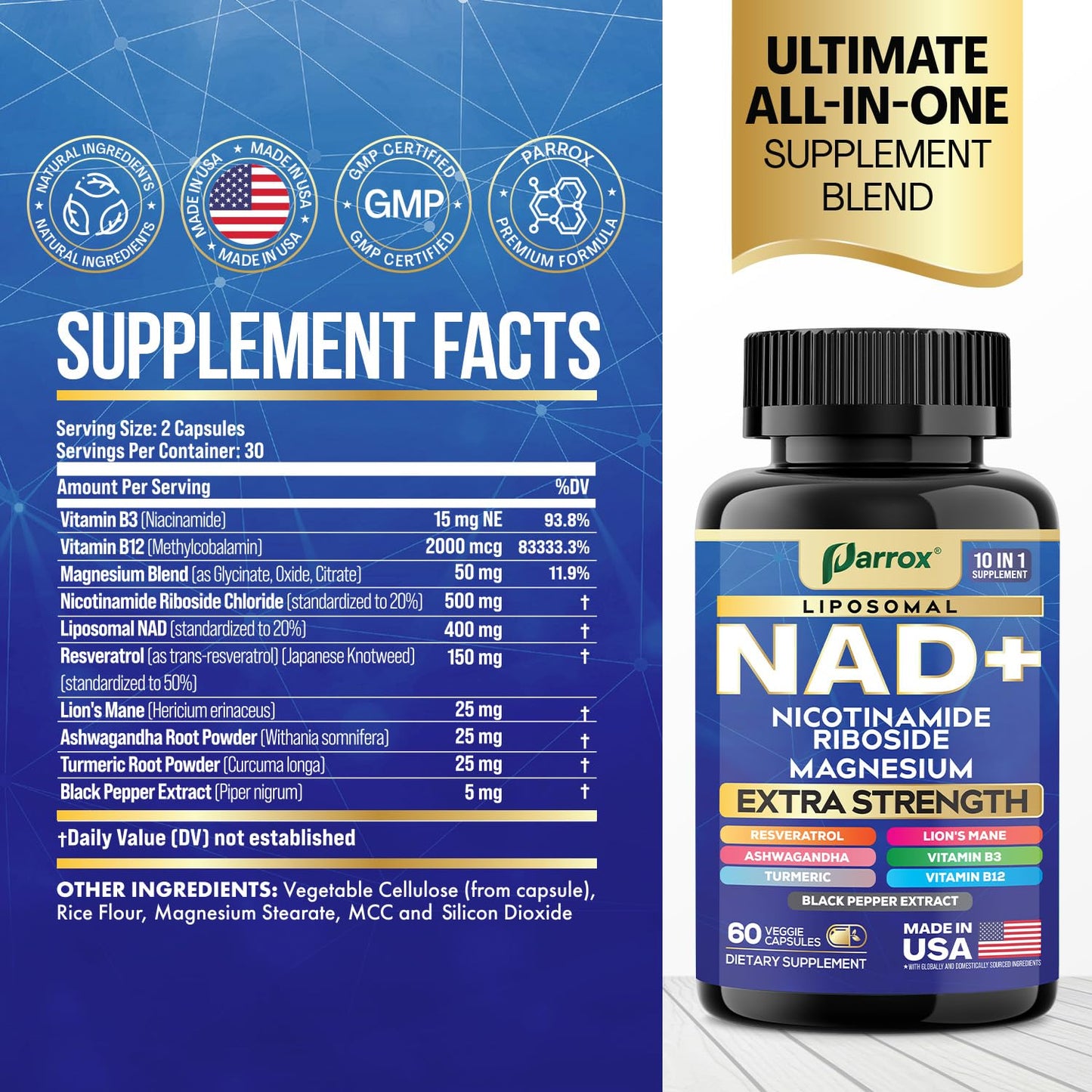 Parrox NAD+ 10-in-1 Supplement with Liposomal NAD+ - 2-Pack