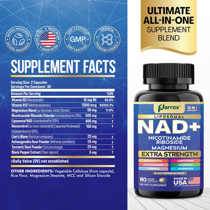 Parrox NAD+ Supplement with Liposomal NAD+ | 10-in-1 Extra Strength (3 Pack)