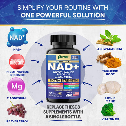 Parrox NAD+ Supplement – Liposomal NAD+, NR, B3 & B12 | 10-in-1