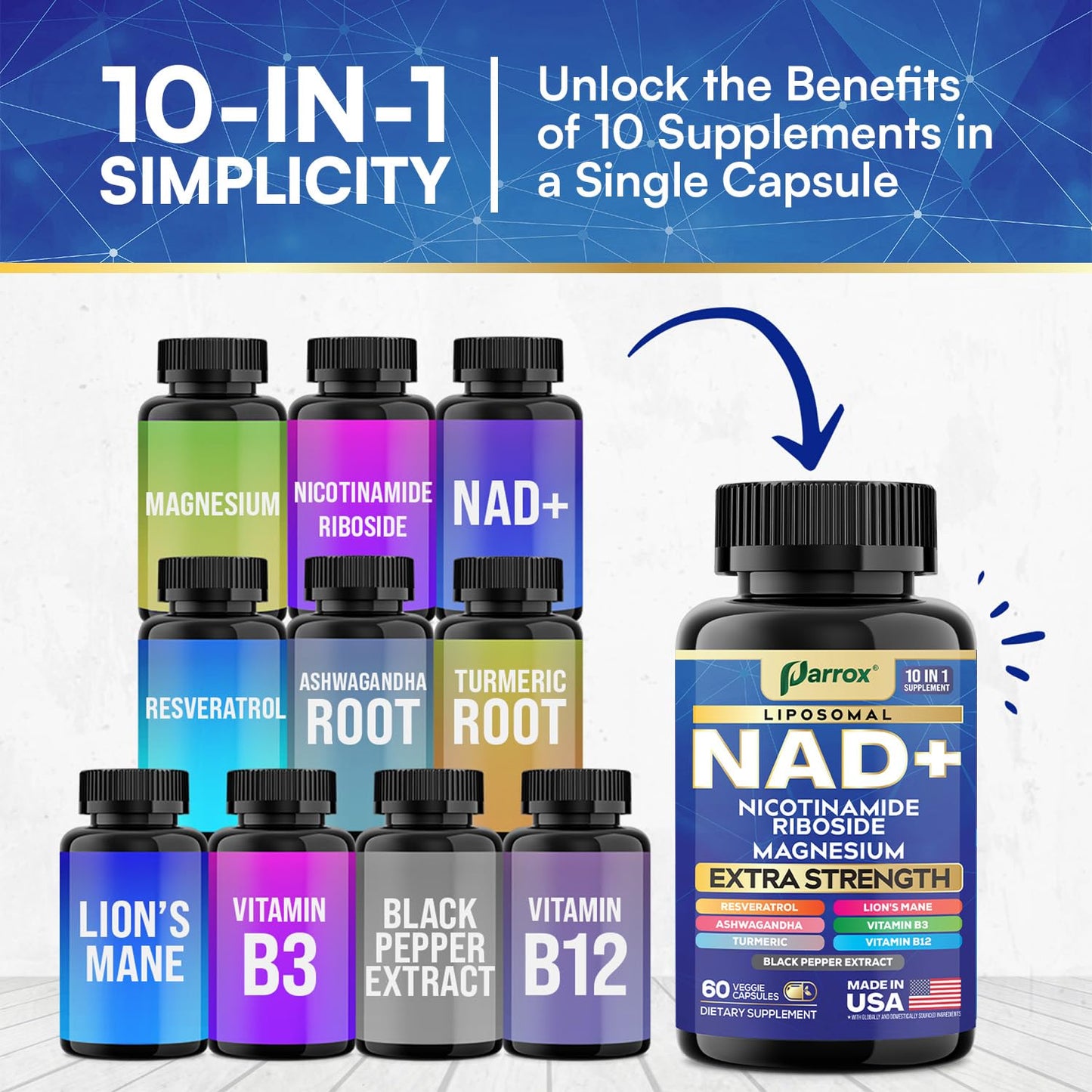 Parrox NAD+ Supplement – Liposomal NAD+, NR, B3 & B12 | 10-in-1