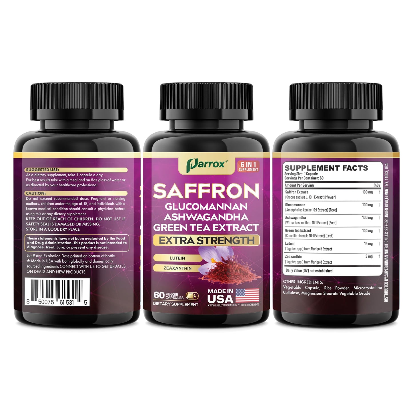 Parrox Saffron Supplement with Glucomannan & Ashwagandha – 4 Month Supply