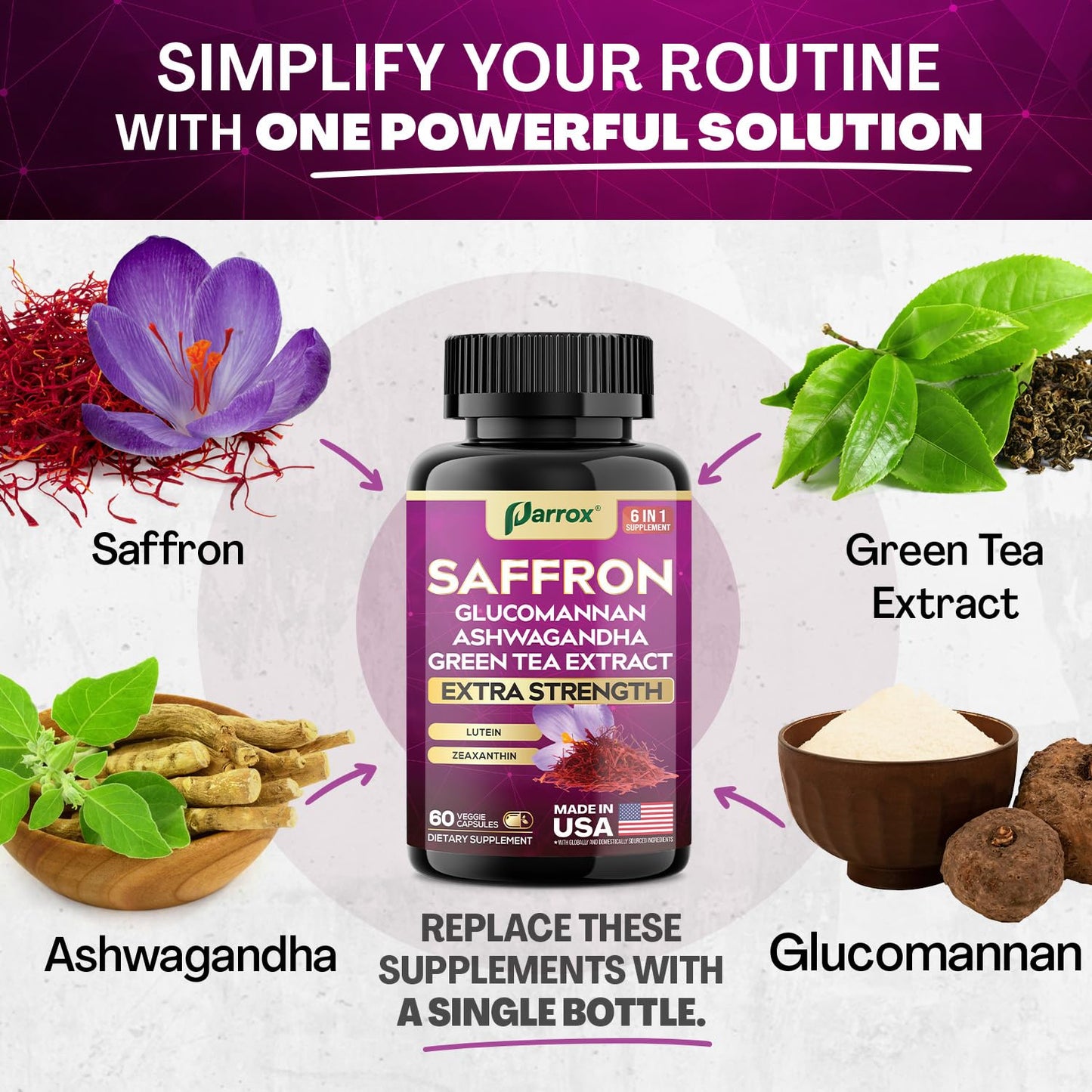 Parrox Saffron Supplement with Glucomannan & Ashwagandha – 4 Month Supply