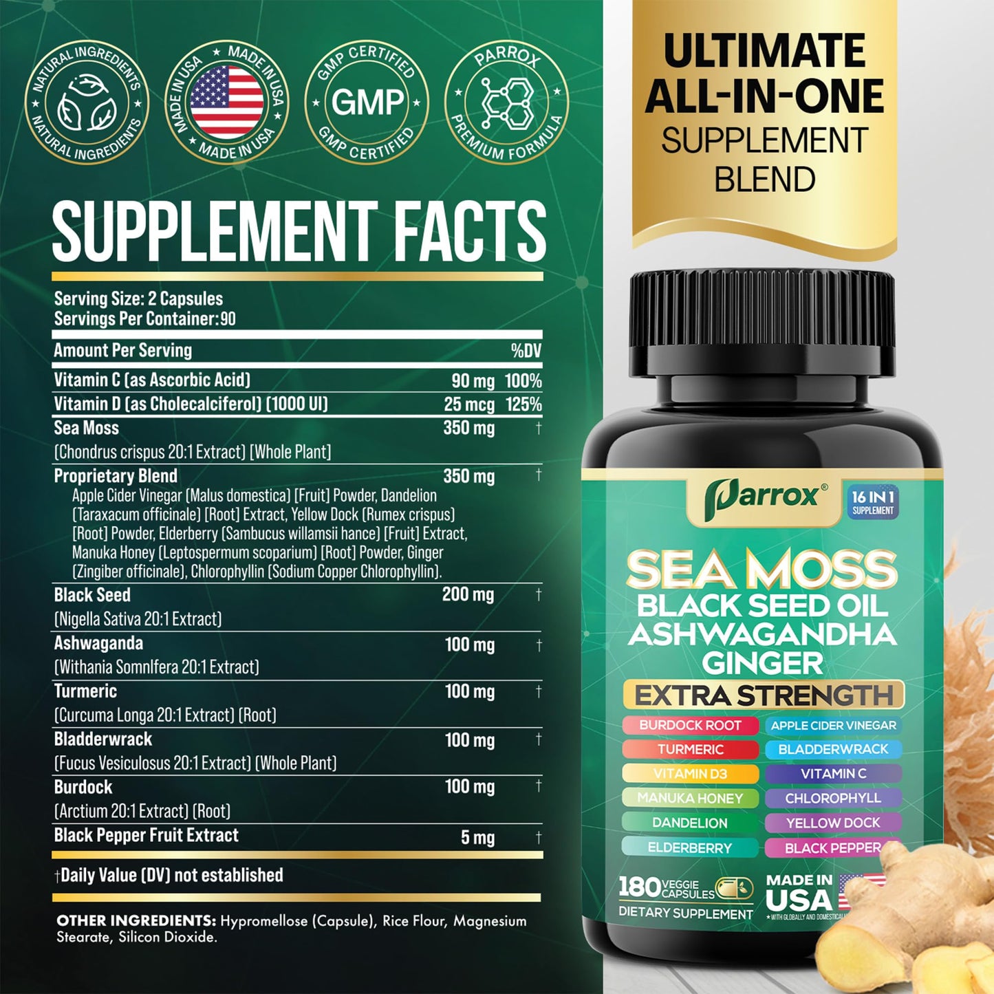 Parrox Sea Moss 16-in-1 Capsules – Sea Moss, Black Seed Oil & More (180 Caps)