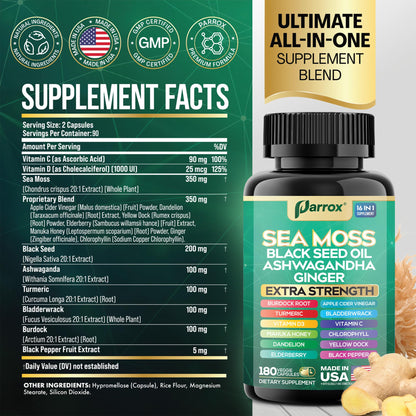 Parrox Sea Moss 16-in-1 Capsules – Sea Moss, Black Seed Oil & More (180 Caps)