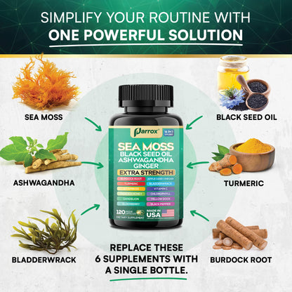 Parrox Sea Moss 16-in-1 Capsules (120 Caps) – Herbal Wellness with Sea Moss, Black Seed Oil, Ashwagandha & More
