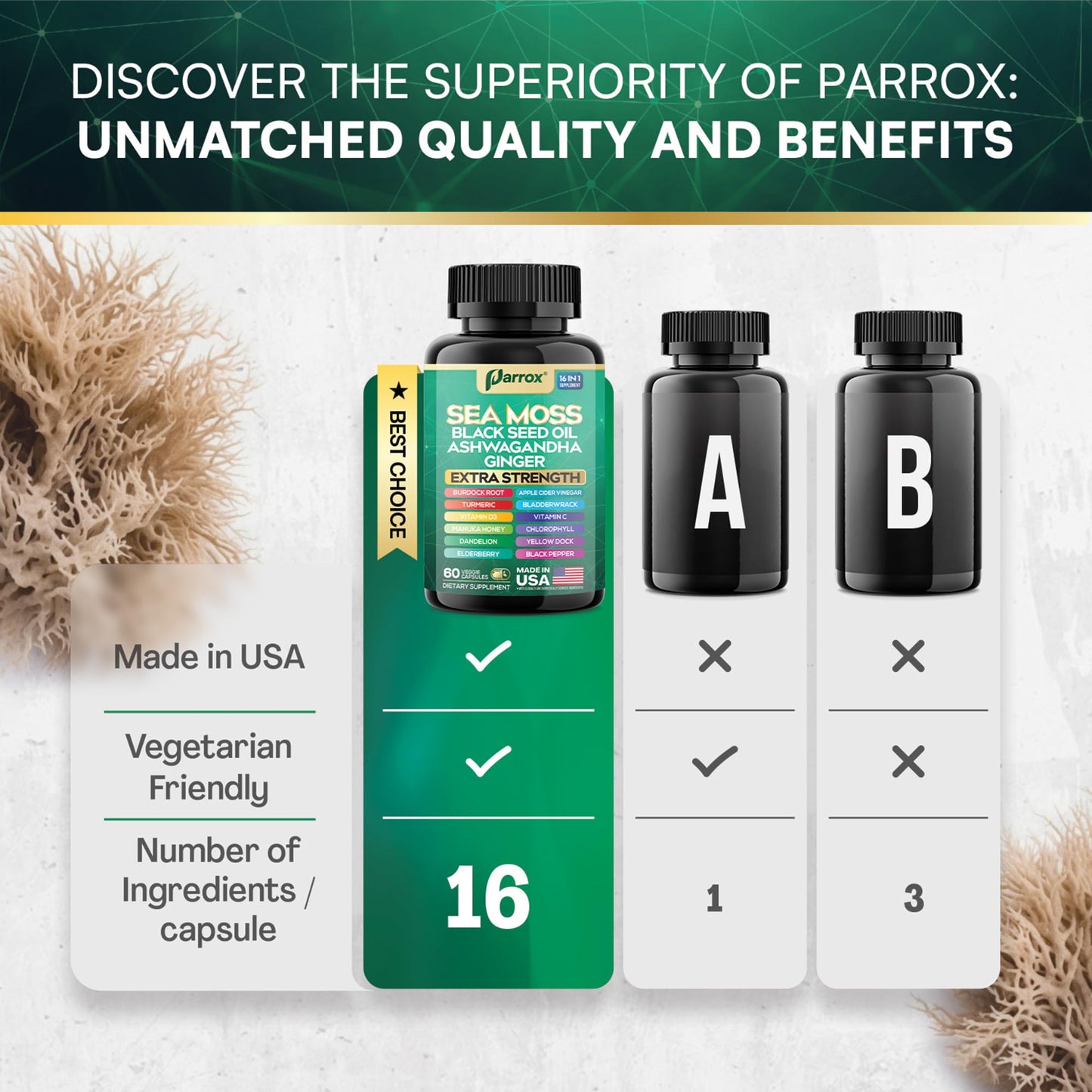 Parrox Sea Moss 16-in-1 Capsules (60 Caps) – Herbal Wellness Blend